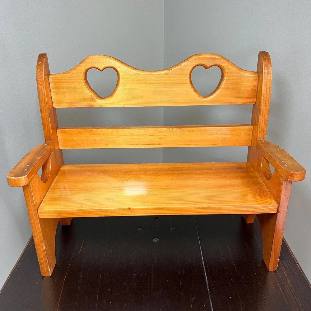 Vtg Pine Children's Doll Bench with Heart Cutouts Rustic Country Shelf Decor